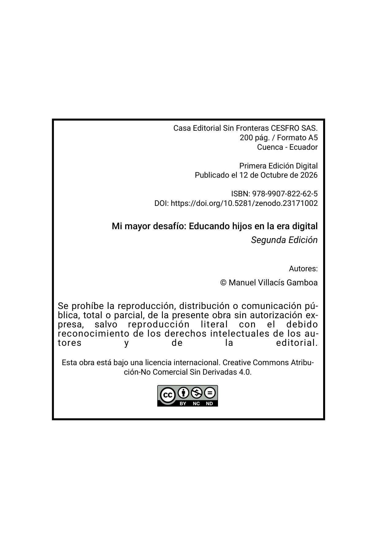 Ficha editorial original con ISBN, DOI y logo de la licencia CC BY-NC-ND 4.0.