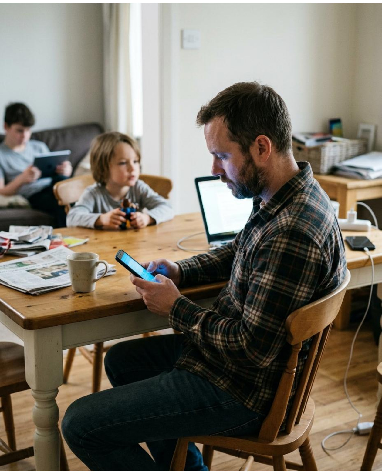 Un padre consulta el teléfono mientras una niña permanece a su lado en la mesa familiar.