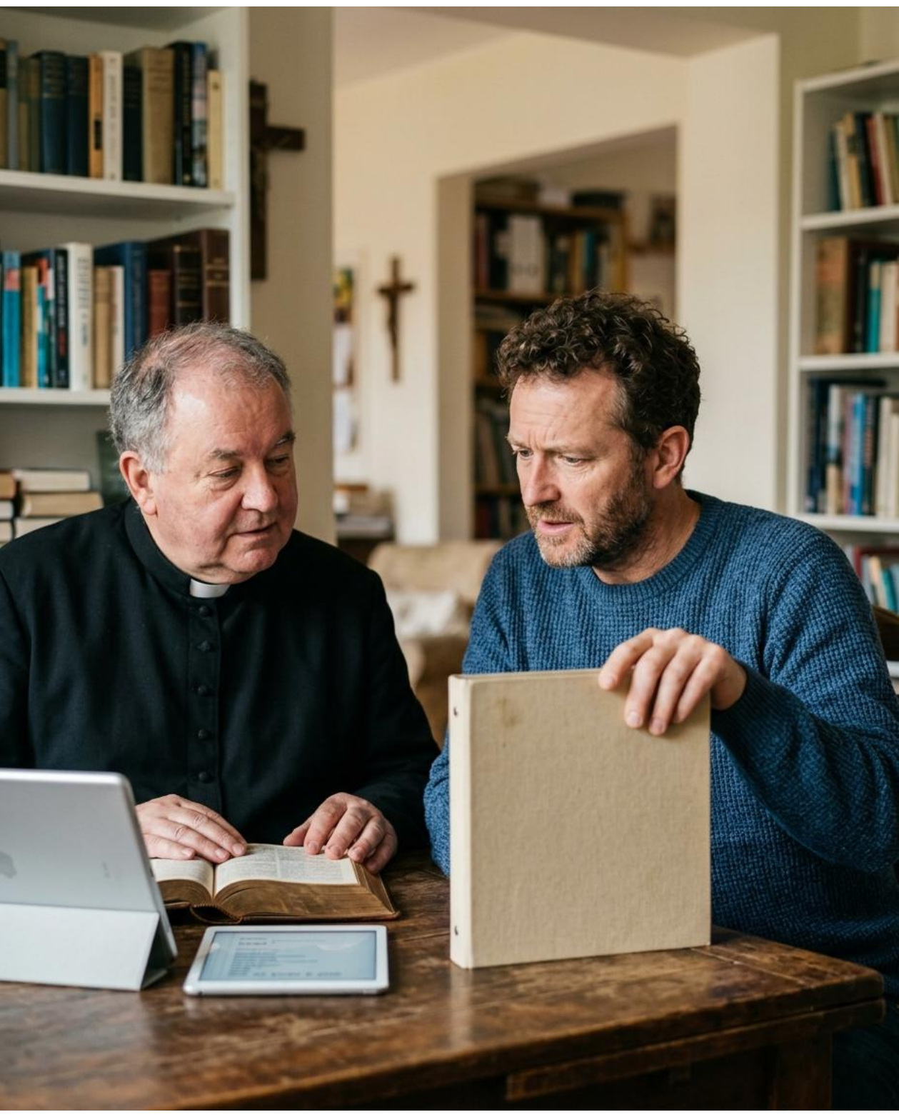 Dos hombres conversan junto a una Biblia, un ordenador portátil y una tableta.