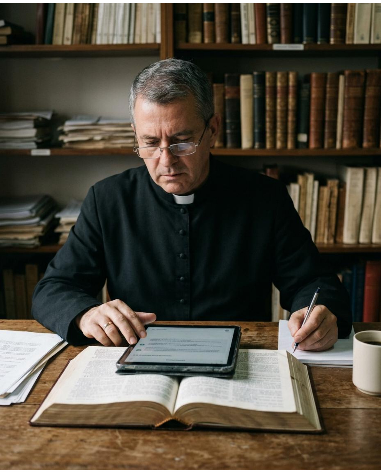Un pastor estudia con una Biblia abierta, una tableta y material para escribir.