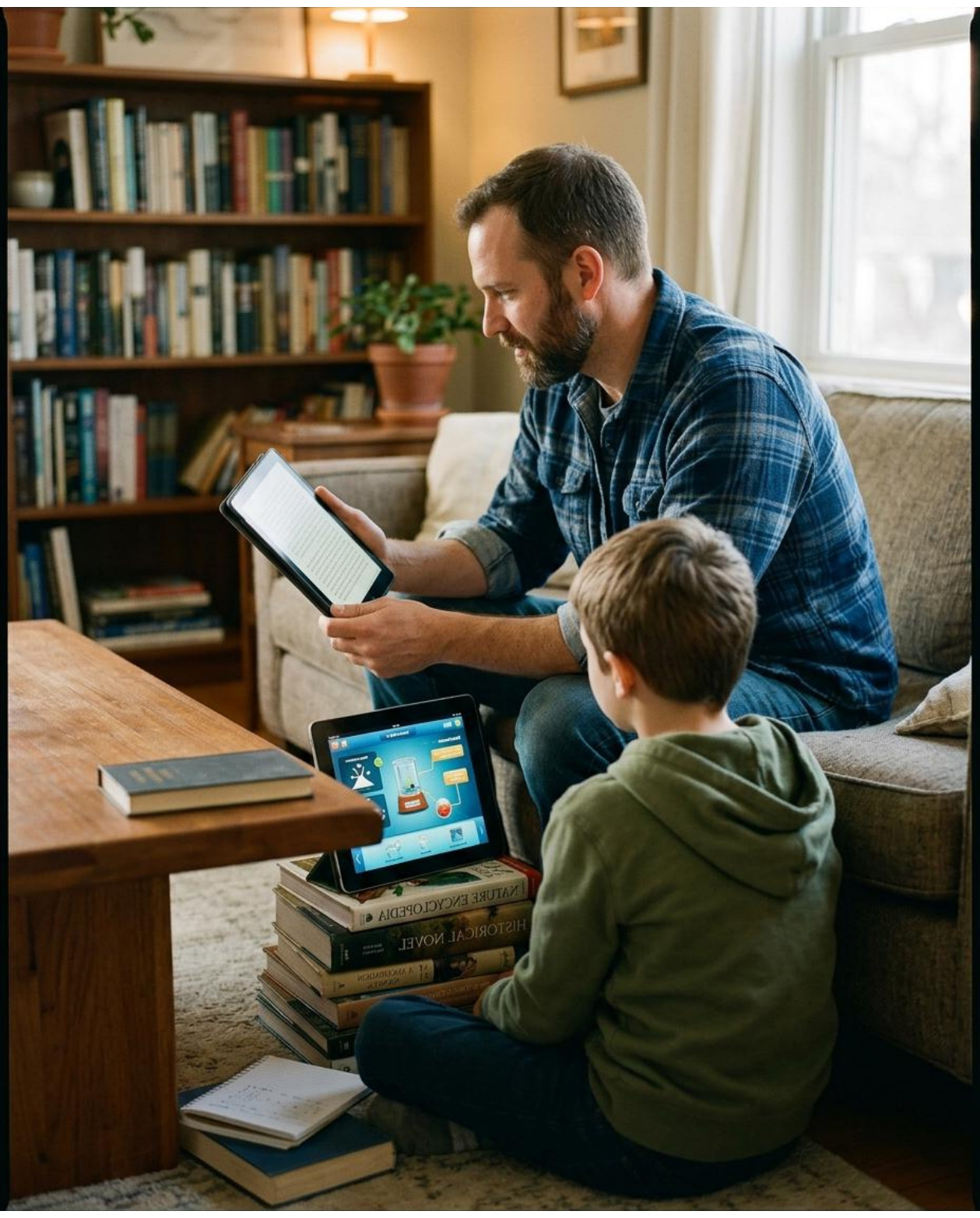 Un padre y su hijo estudian con un libro, una tableta y un ordenador en una biblioteca.