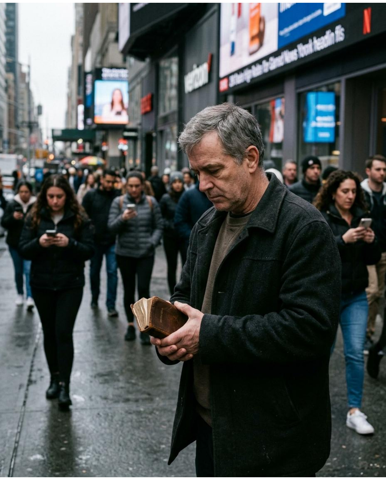 Un hombre sostiene una Biblia en una calle concurrida con pantallas publicitarias.