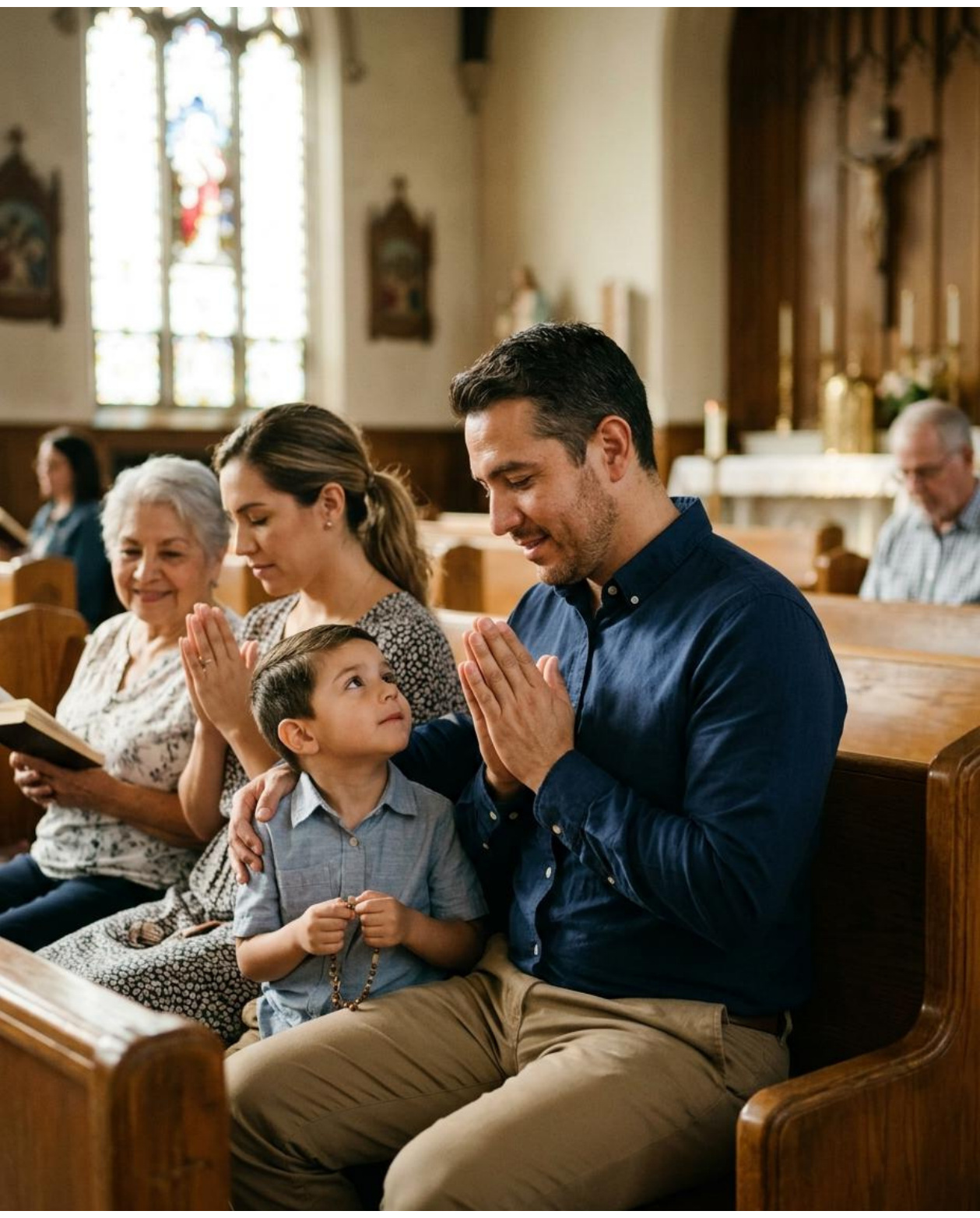 Una familia participa en una celebración religiosa dentro de una iglesia.