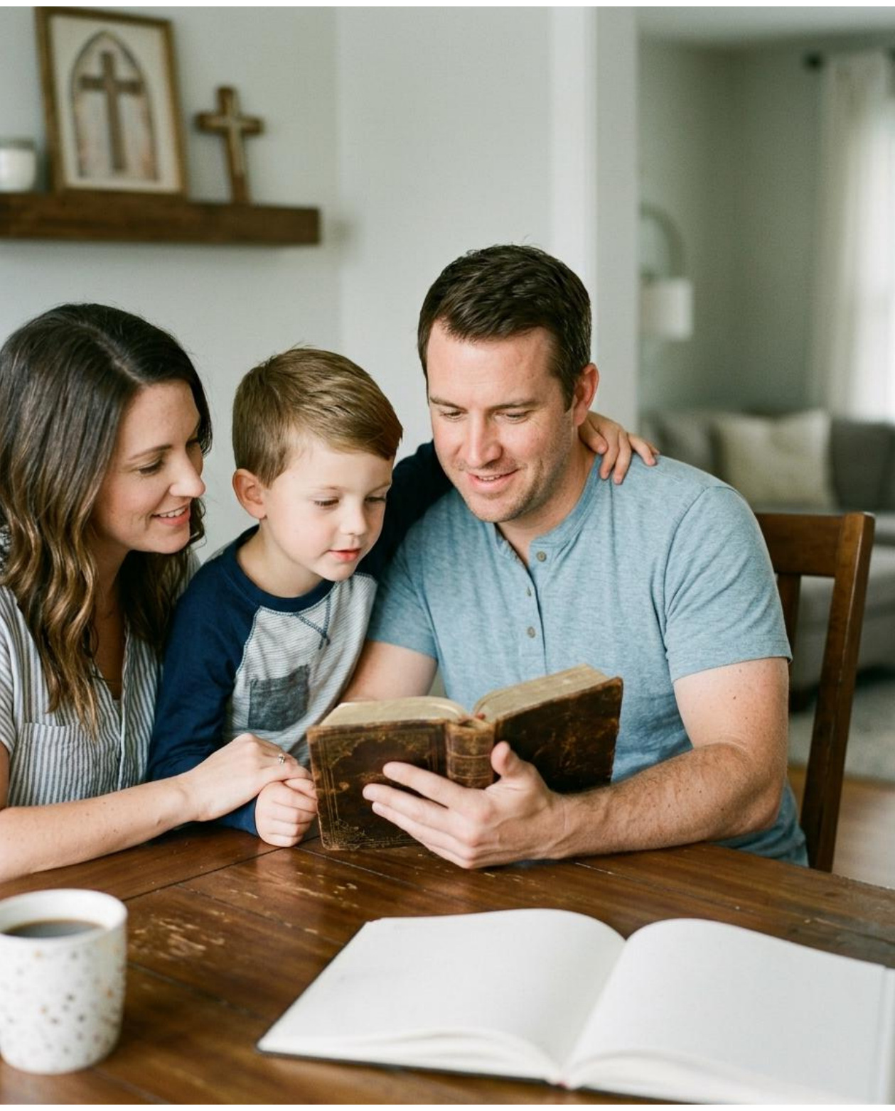 Un padre, una madre y su hijo leen juntos un libro en casa.