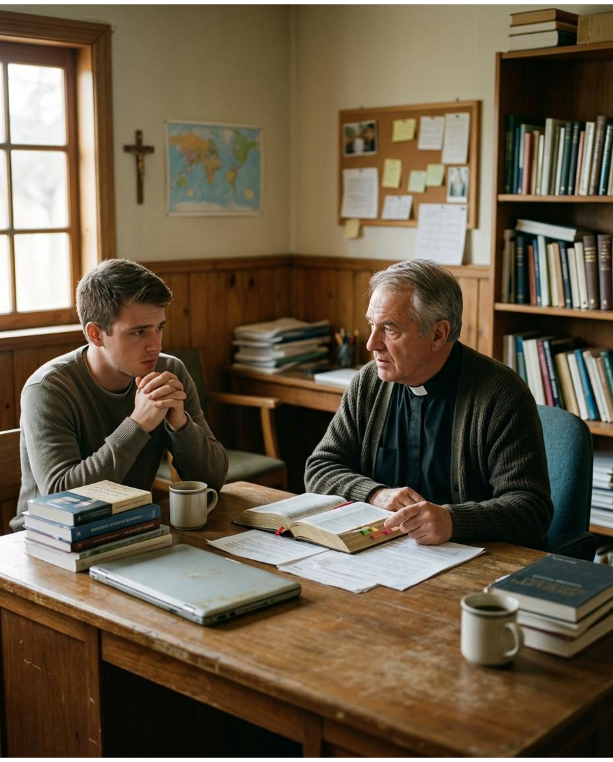Dos hombres dialogan con una Biblia y libros sobre la mesa.
