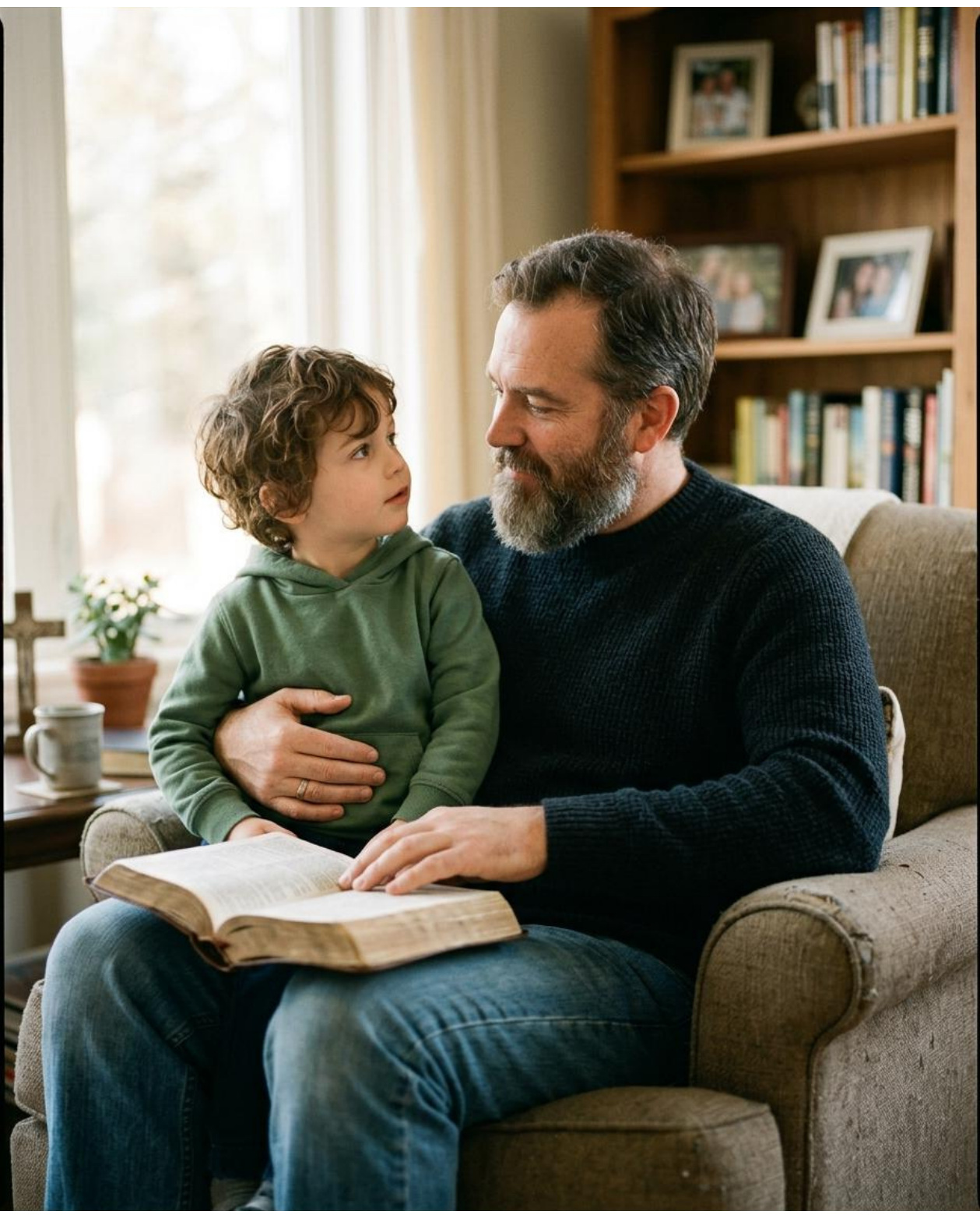 Un padre y su hijo comparten una lectura en el sofá.