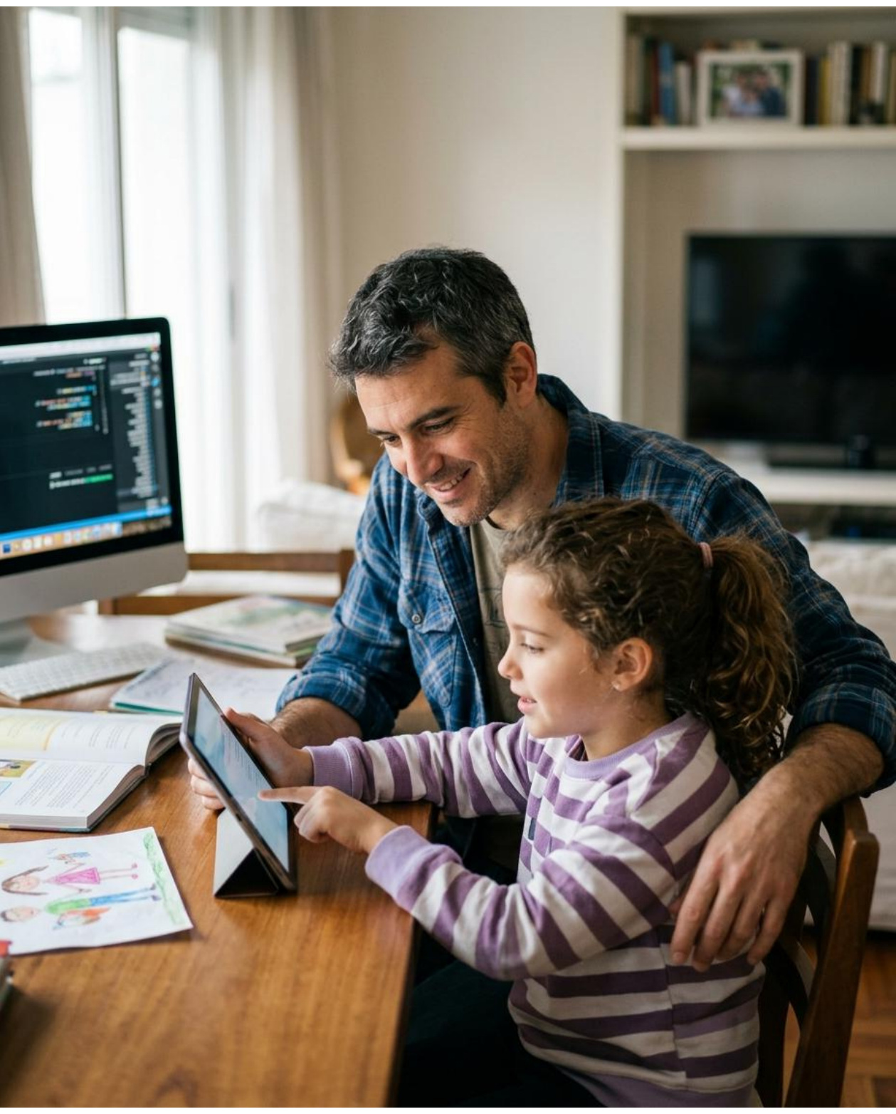 Un padre acompaña a su hija mientras utiliza una tableta en el escritorio.