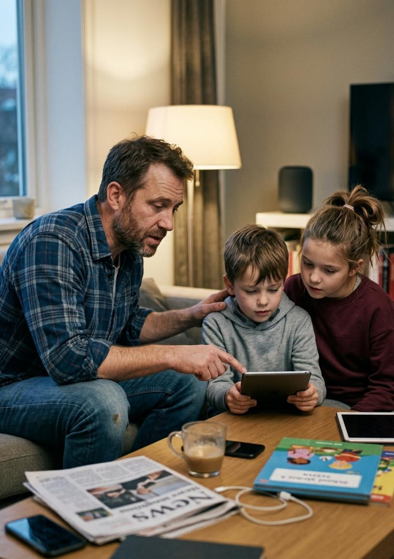 Un padre comparte una lectura con dos niños junto a materiales de estudio.