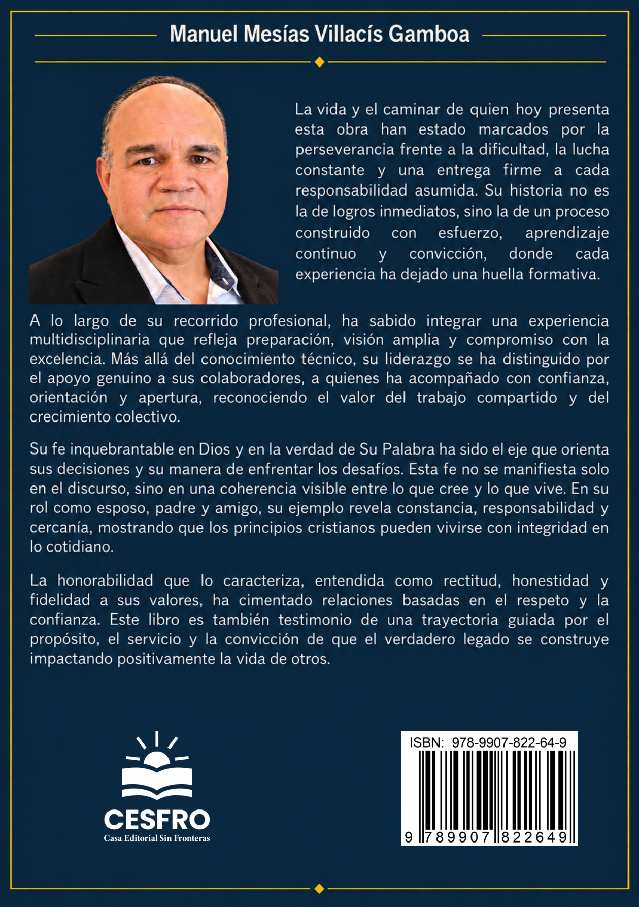 Contraportada original con fotografía y reseña de Manuel Mesías Villacís Gamboa, logo CESFRO y código de barras.