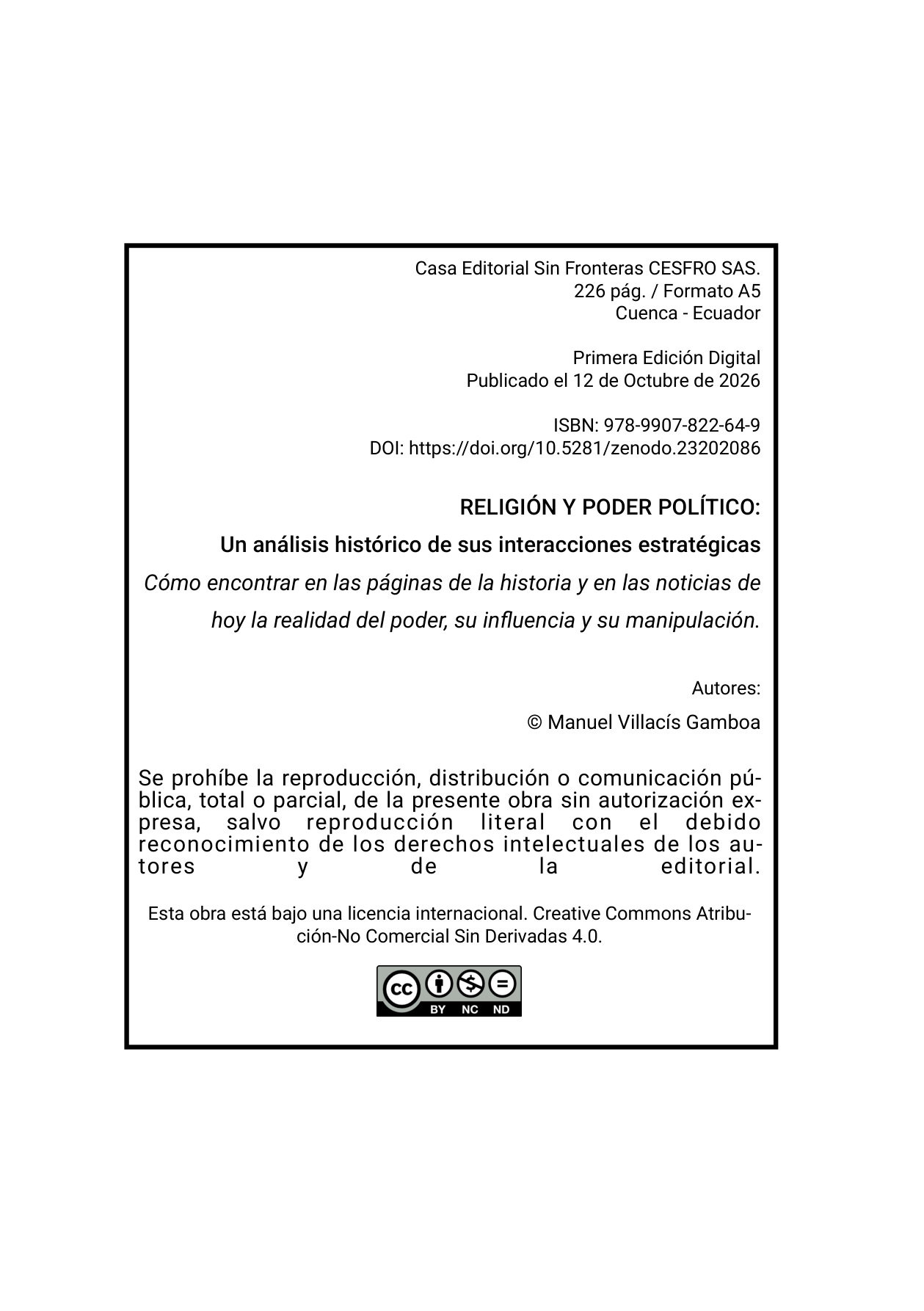 Ficha editorial original: primera edición digital, 226 páginas, ISBN 978-9907-822-64-9, DOI 10.5281/zenodo.23202086 y licencia CC BY-NC-ND 4.0.
