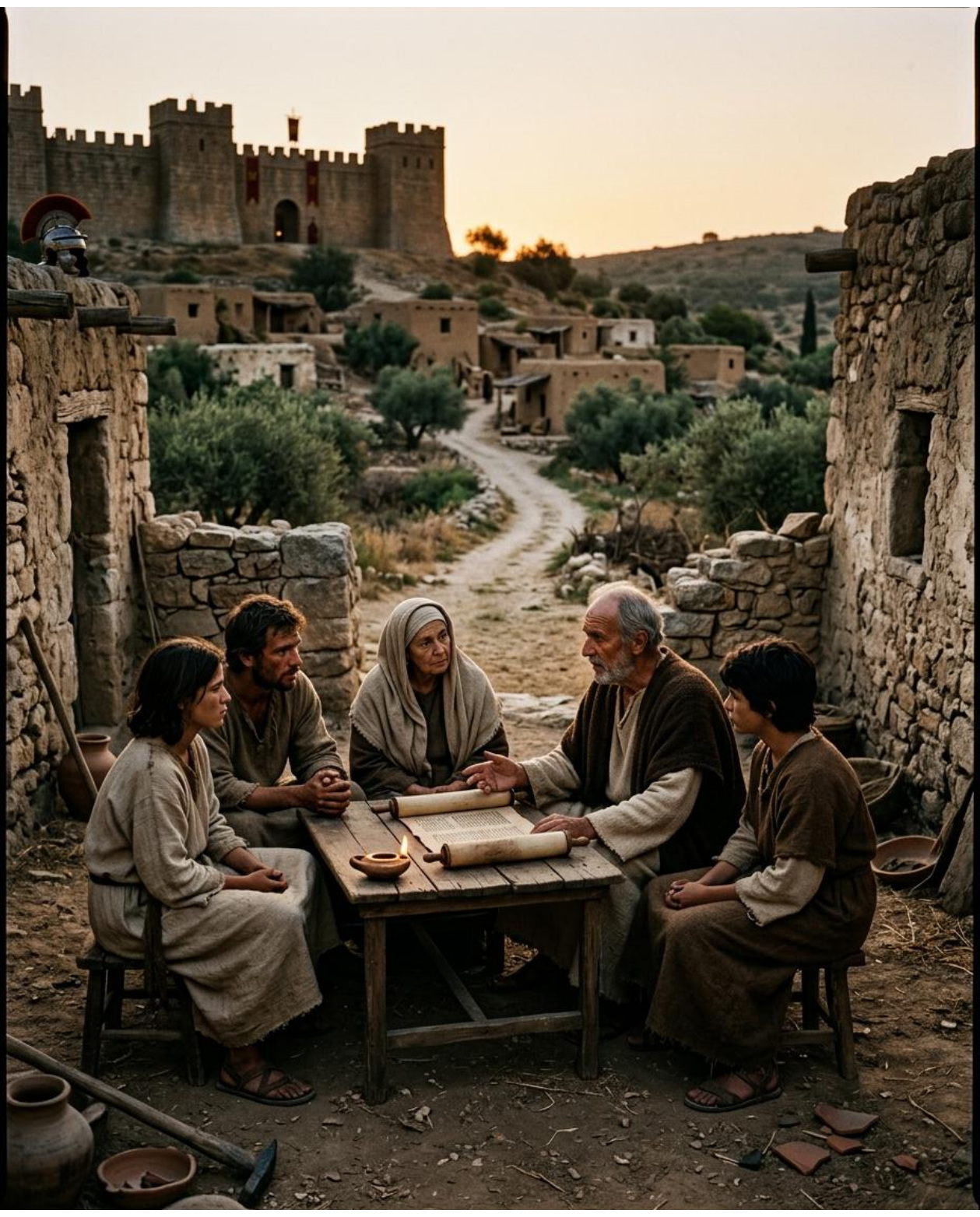 Un grupo conversa alrededor de una mesa al aire libre, junto a edificaciones antiguas.