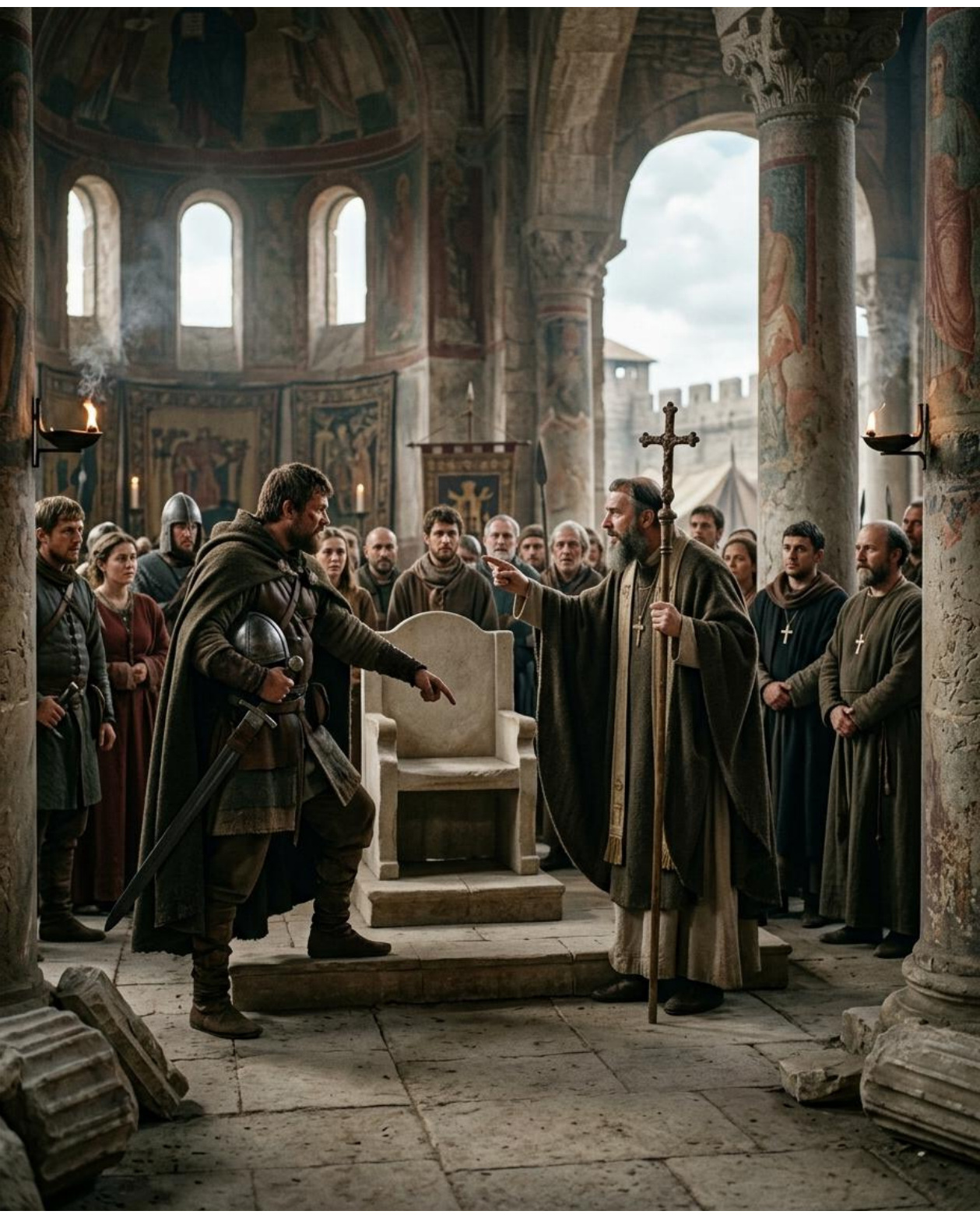 Un gobernante y representantes religiosos se reúnen en una sala medieval.