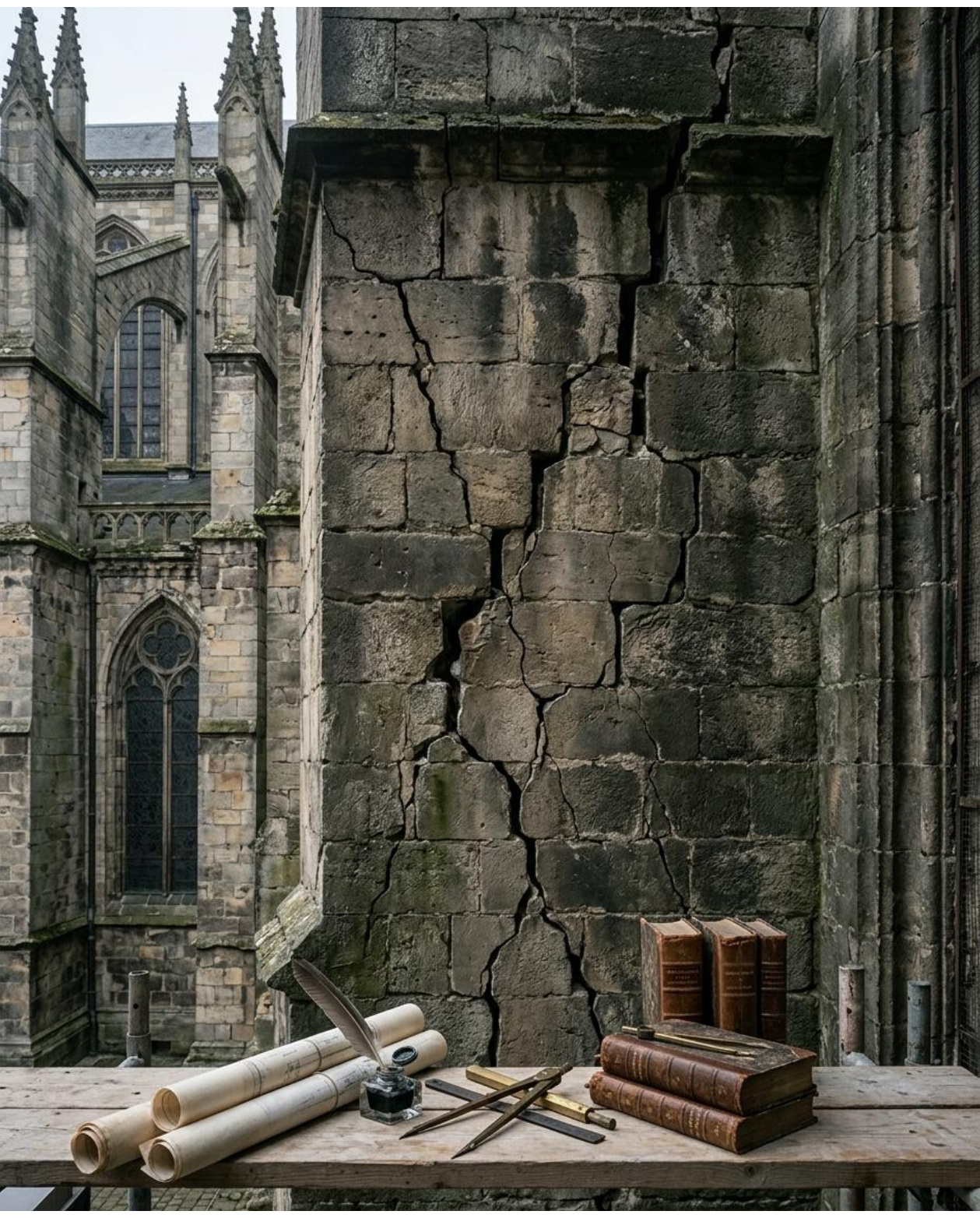 Un muro agrietado, libros y documentos, con un edificio religioso al fondo.