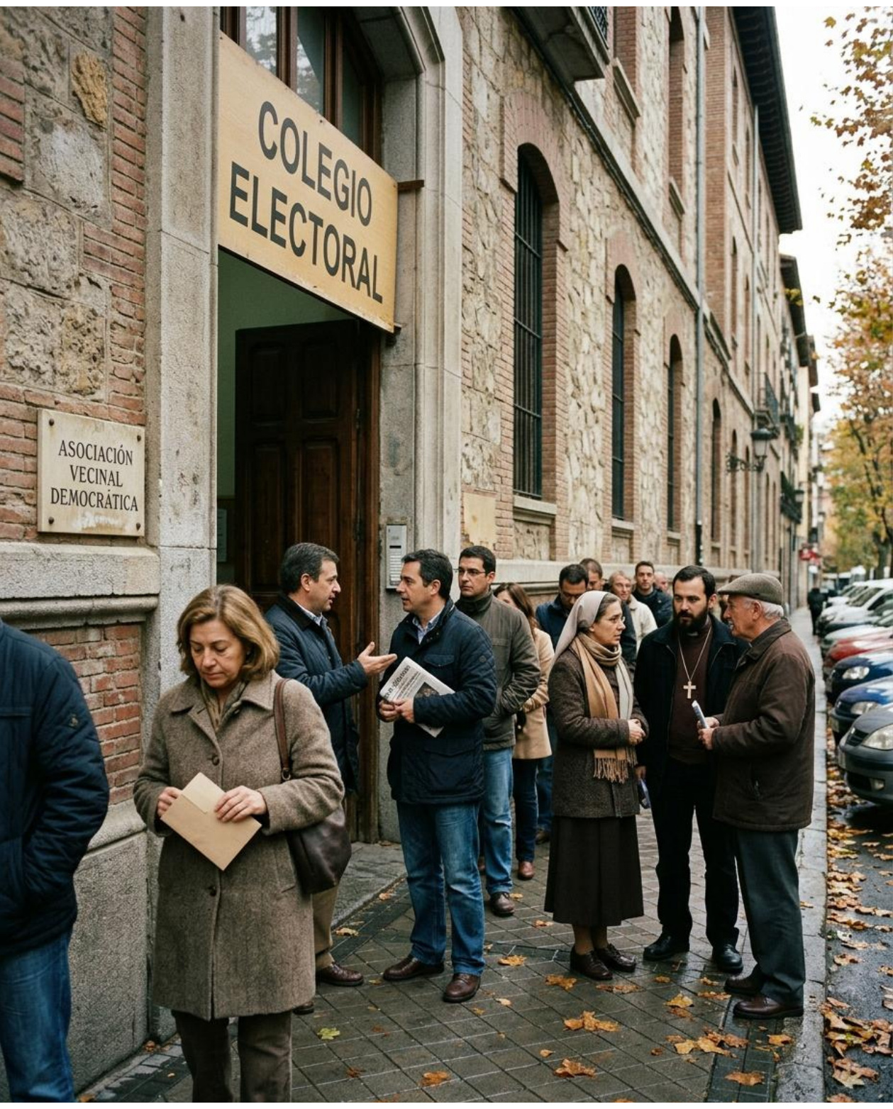 Personas esperan en fila a la entrada de un colegio electoral.