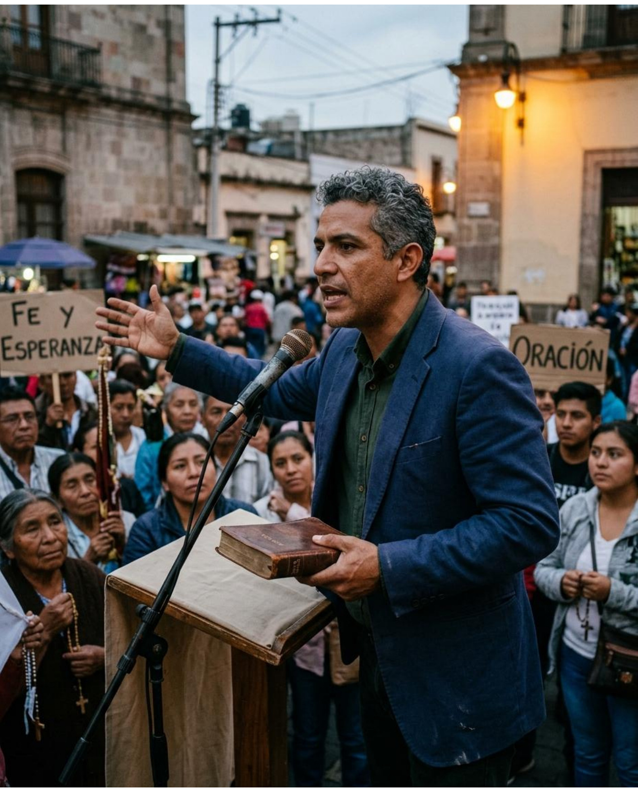 Un orador con un libro se dirige a una multitud en una plaza.