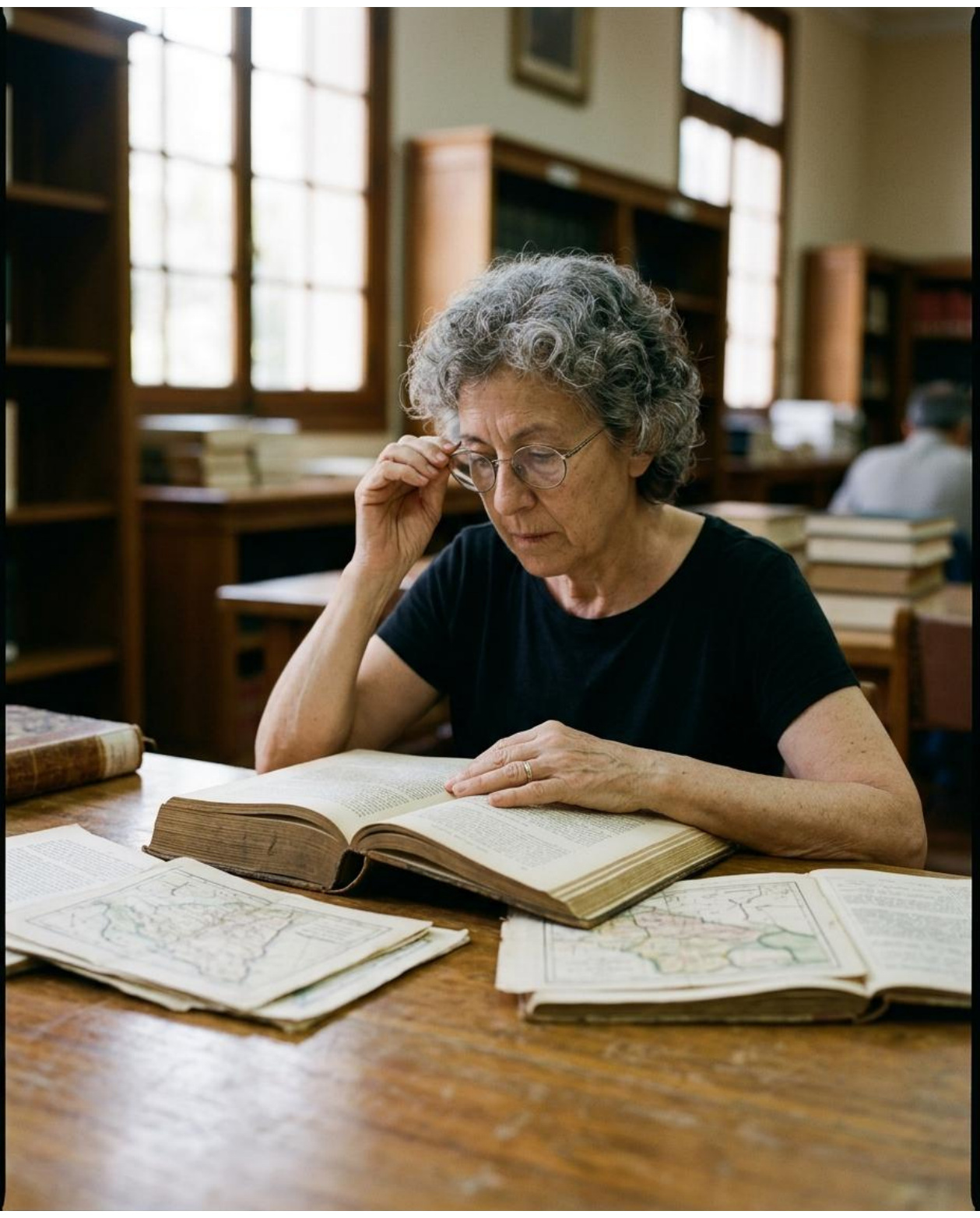 Una mujer consulta libros y documentos en una biblioteca.