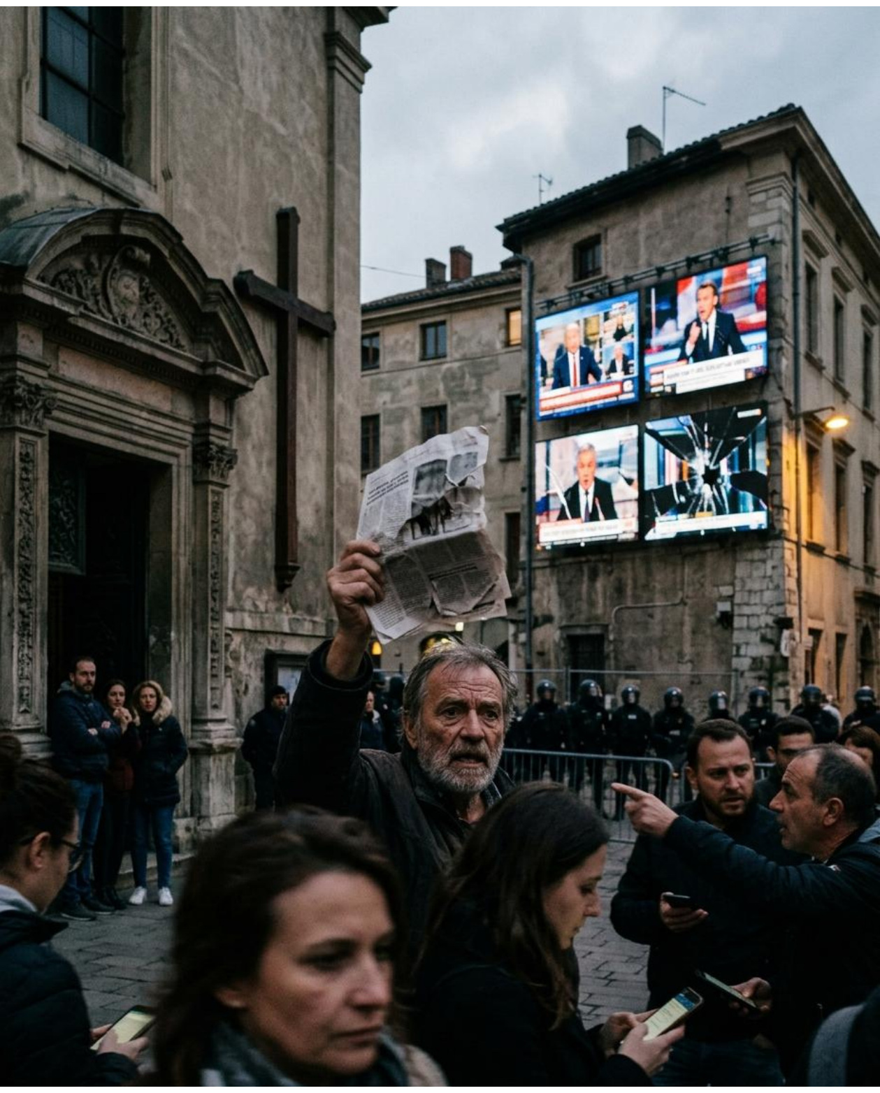 Una multitud junto a pantallas con contenidos informativos y un edificio religioso.