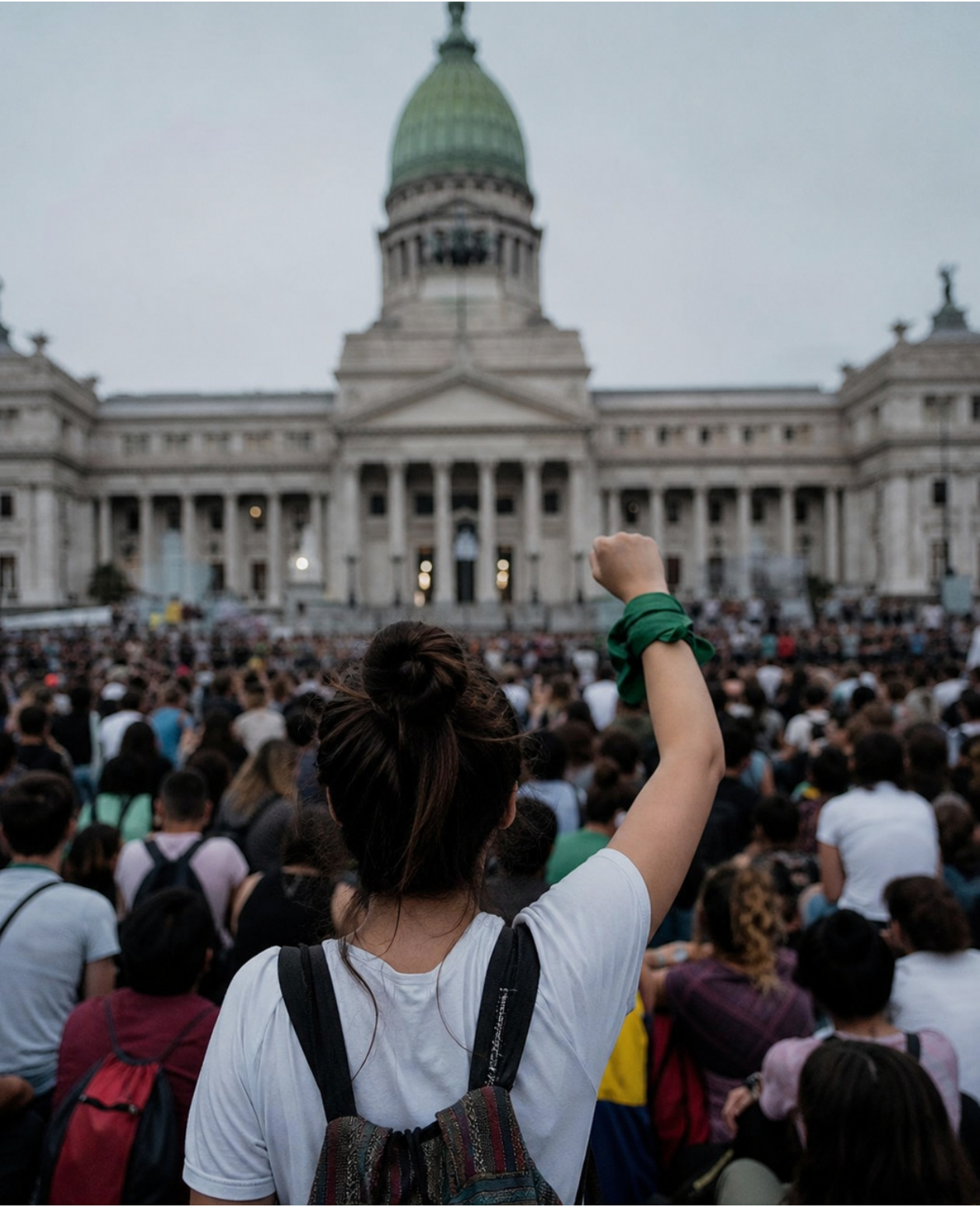Una multitud se reúne ante un edificio público con una cúpula.
