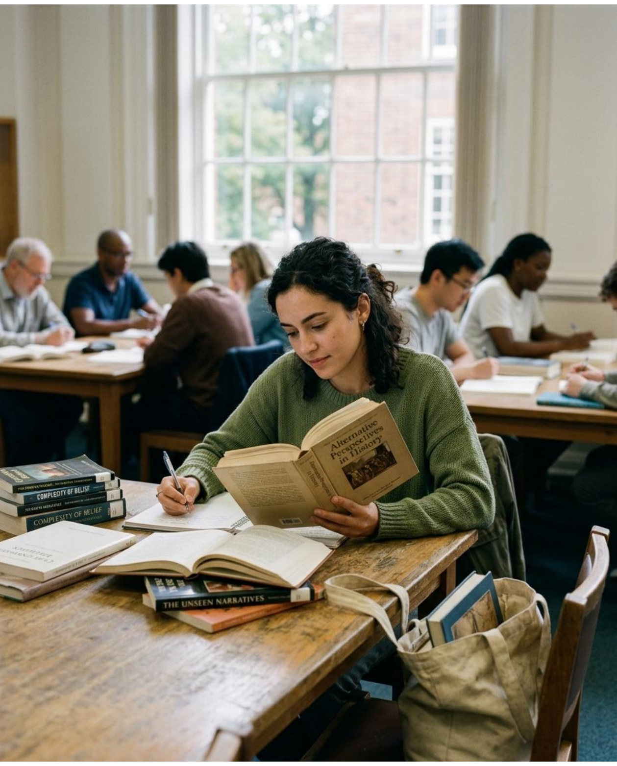 Varias personas estudian y consultan libros en una biblioteca.