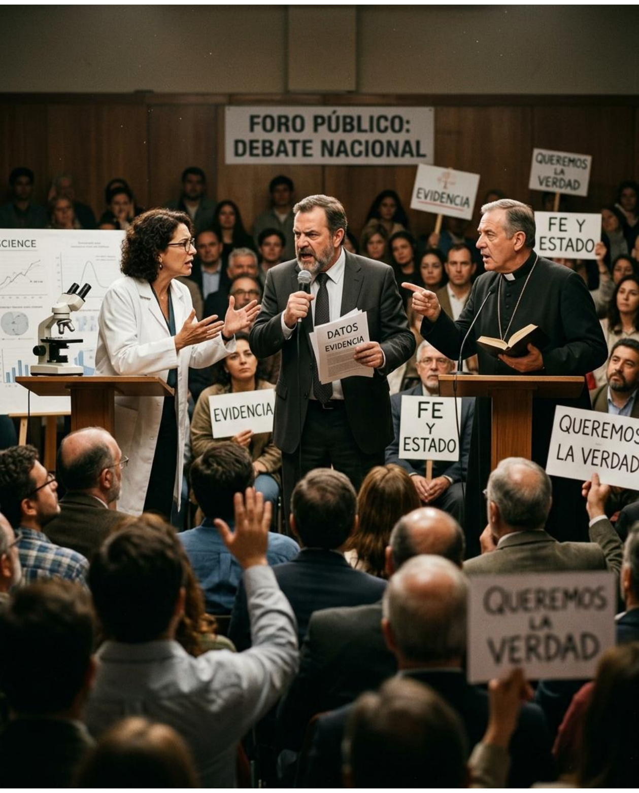Un grupo participa en un debate público y sostiene carteles sobre la fe, el Estado y la verdad.