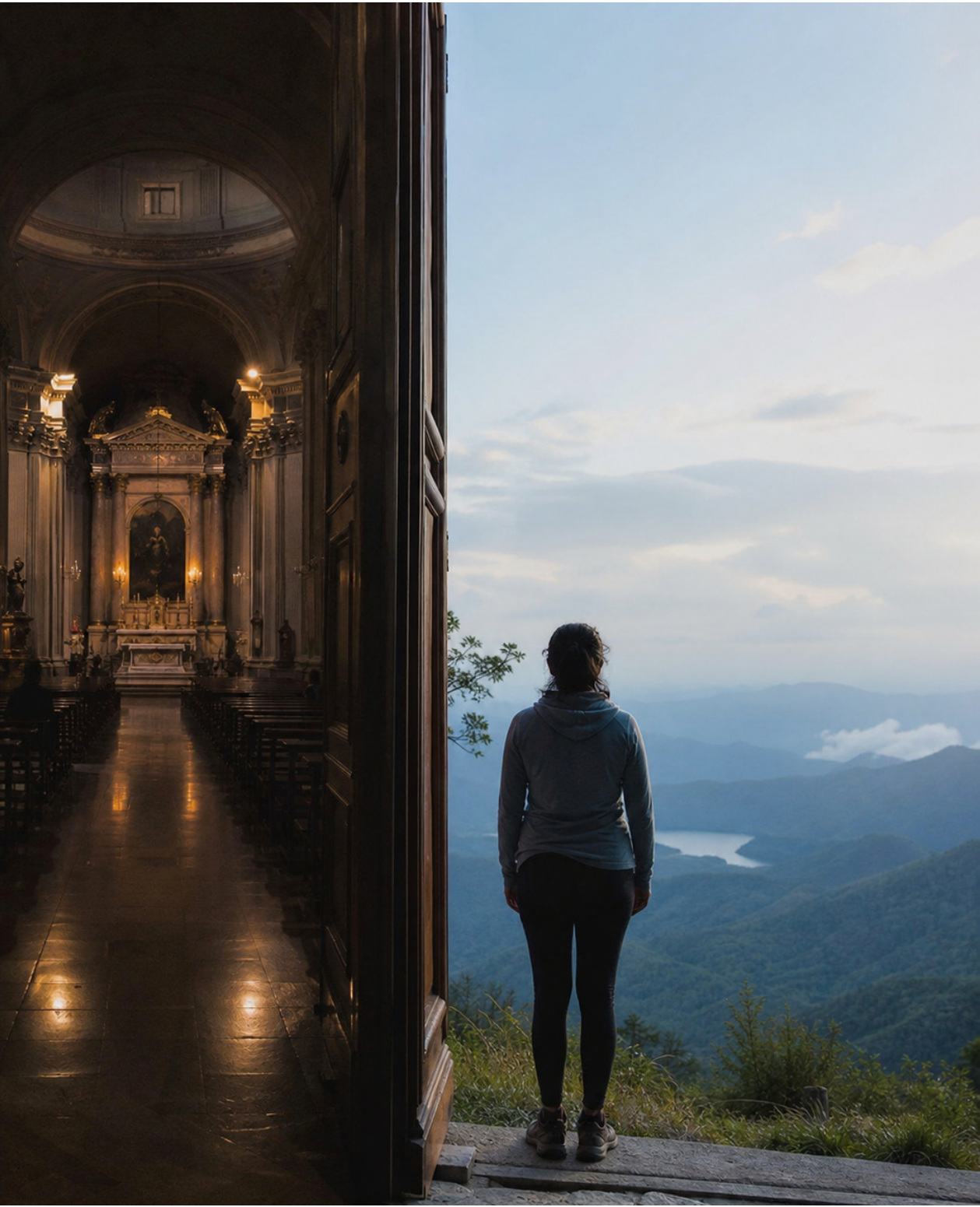 Una persona observa un paisaje abierto junto a una puerta de un edificio religioso.