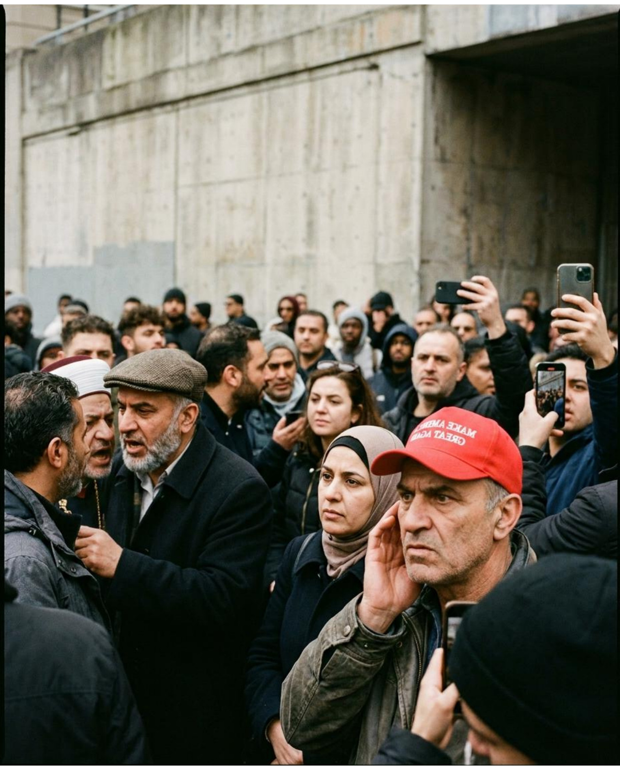 Personas reunidas junto a un muro de piedra, algunas con prendas y símbolos religiosos.